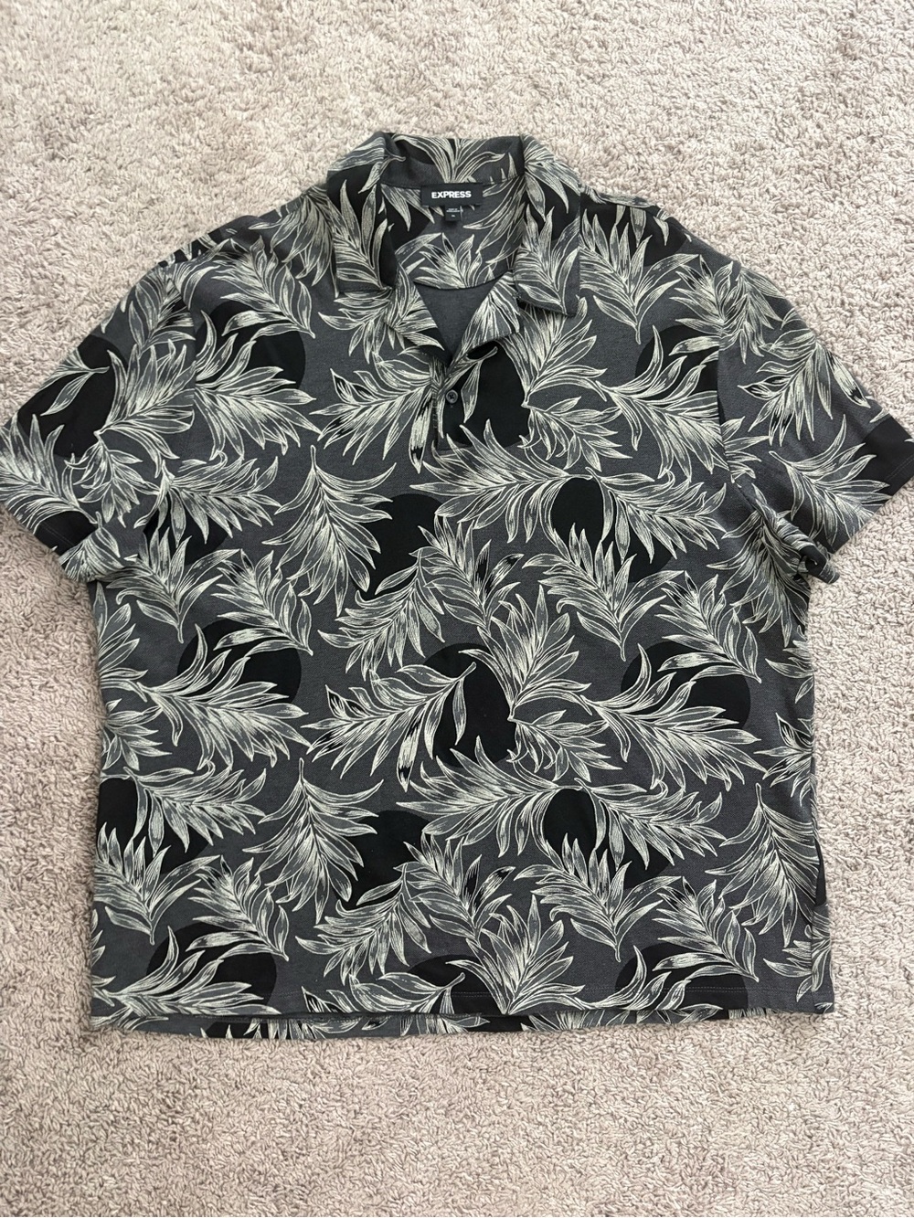 Express Black Polo with Gray Leaf Print